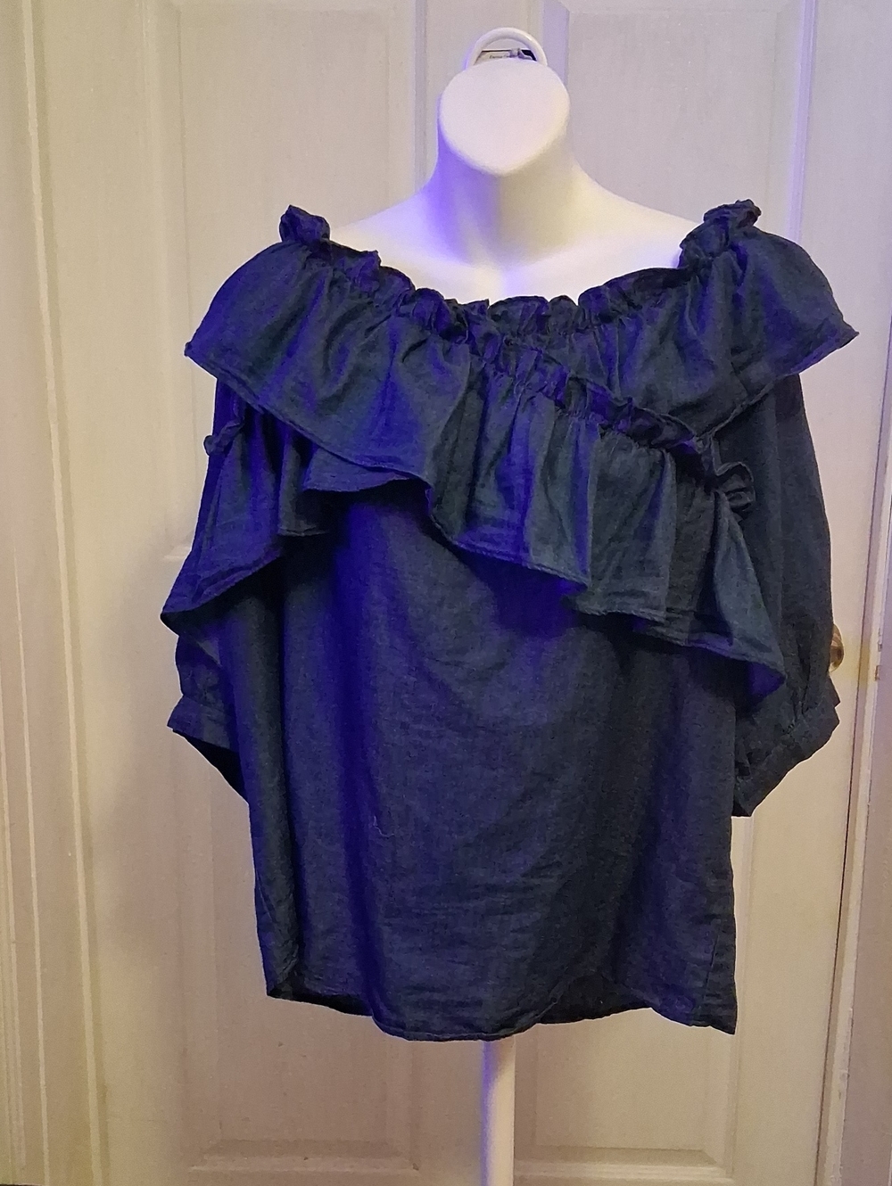 Ashley Stewart Ruffled Off-Shoulder Top in Dark Blue
